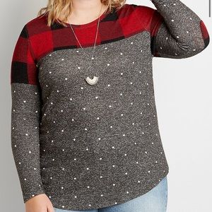 Maurices Buffalo Plaid/Polka Dot Football Tee, 3X, Red/Black/Grey/White